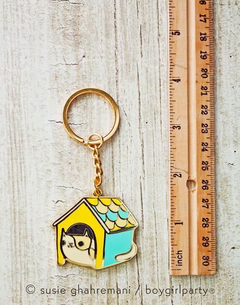 Cat House Keychain by boygirlparty -- Gold Hard Enamel Cat Key