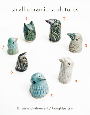 Small ceramic bird sculptures by Susie Ghahremani / boygirlparty ®