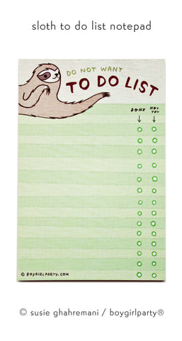Sloth To Do List by Susie Ghahremani / boygirlparty.com