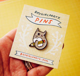 Grey Cat with Pencil Enamel Pin by boygirlparty — Stationery Lapel Pin