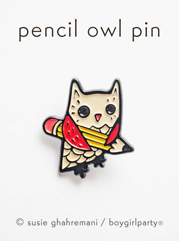 Owl and Pencil Enamel Pin by boygirlparty — Teacher Lapel Pin