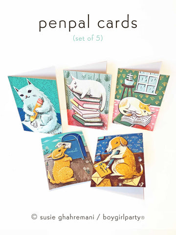 Bookish / Penpal Notecard Set (of 5) by boygirlparty – Dog Cat Note Cards by Susie Ghahremani