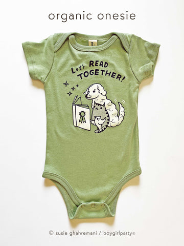 Let's Read Together Unisex Baby Onesie -- Book Themed Organic Baby Onesie (Green)
