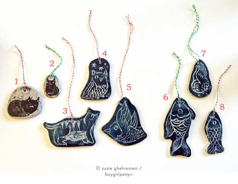 Sgraffito Ornaments -- One-of-a-kind Ceramic ornaments by Susie Ghahremani