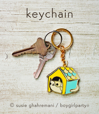 Cat House Keychain by boygirlparty -- Gold Hard Enamel Cat Key Chain