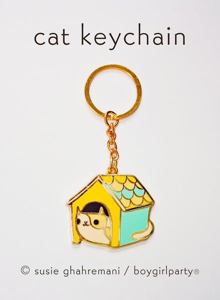 Cat House Keychain by boygirlparty -- Gold Hard Enamel Cat Key Chain ...
