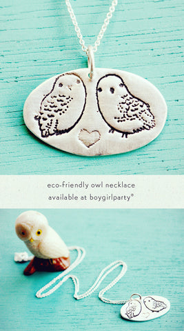 Owl Necklace made of eco-friendly sterling silver, illustrated by Susie Ghahremani / shop.boygirlparty.com